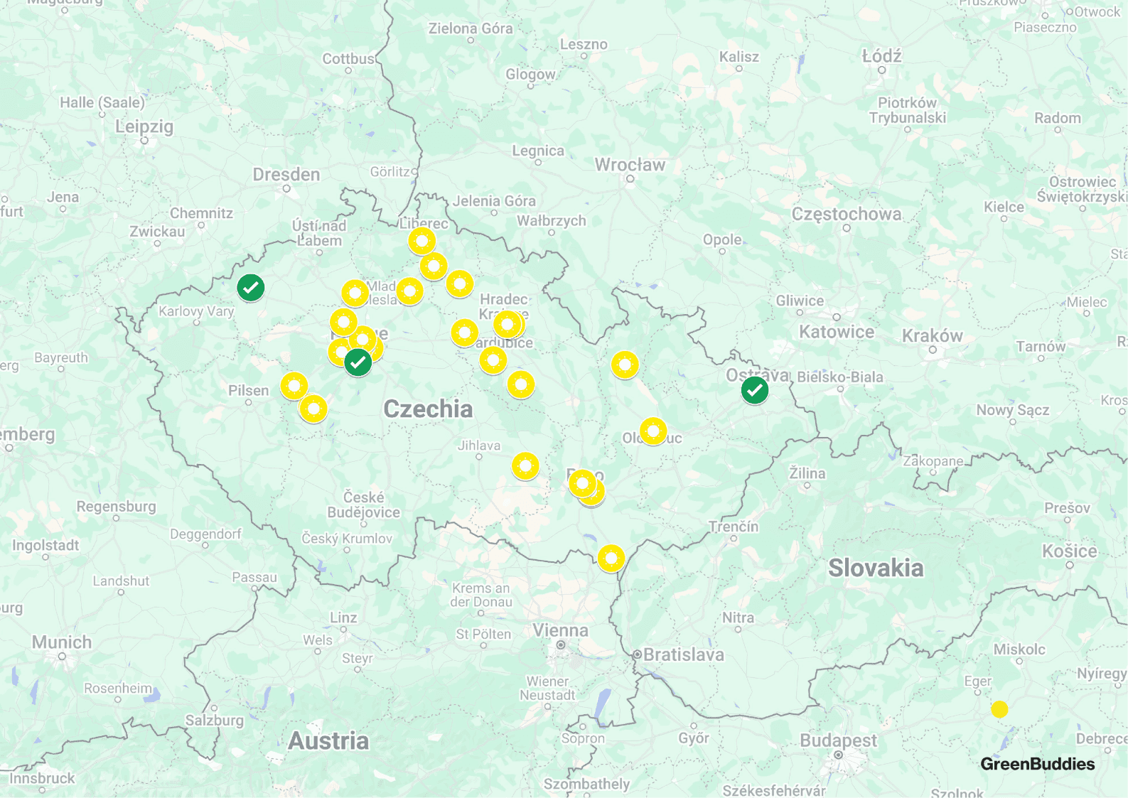 Mapa solárních projektů od Greenbuddies v ČR