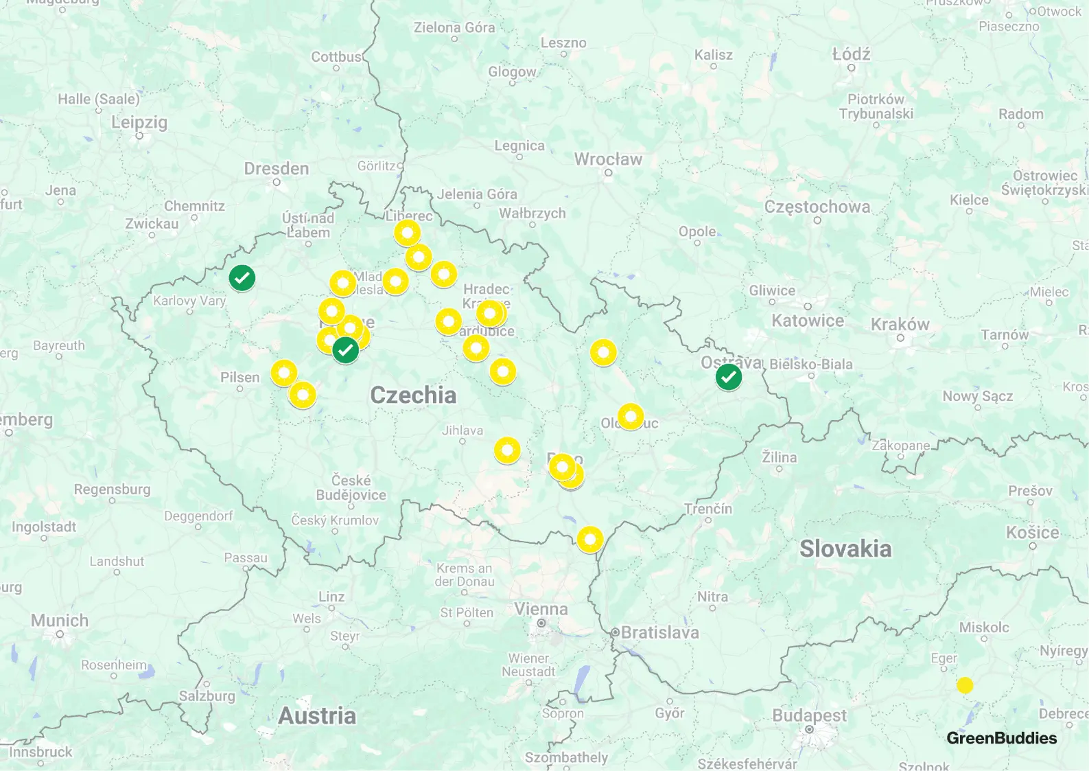 Mapa solárních projektů od Greenbuddies v ČR